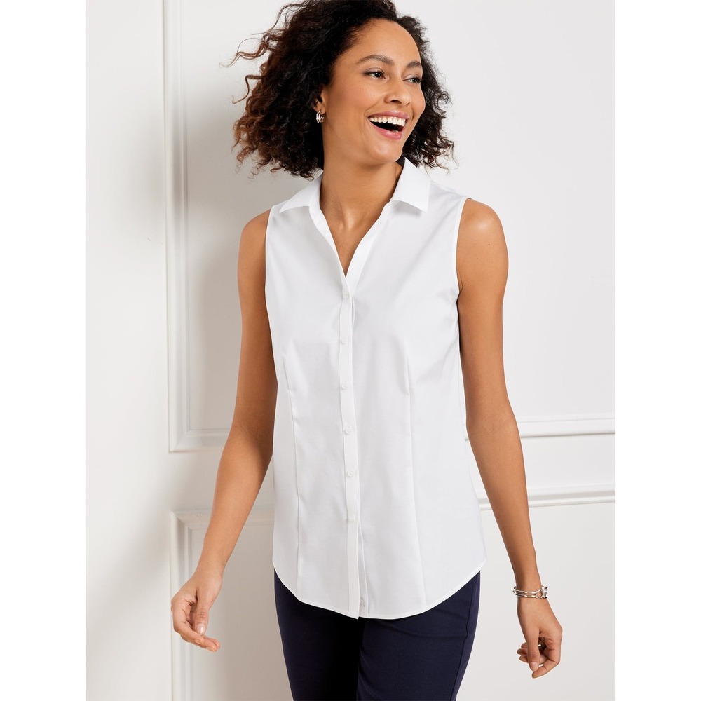 Talbots Blouse Womens 14 White Non-Iron Sleeveless Perfect Shirt Button Down